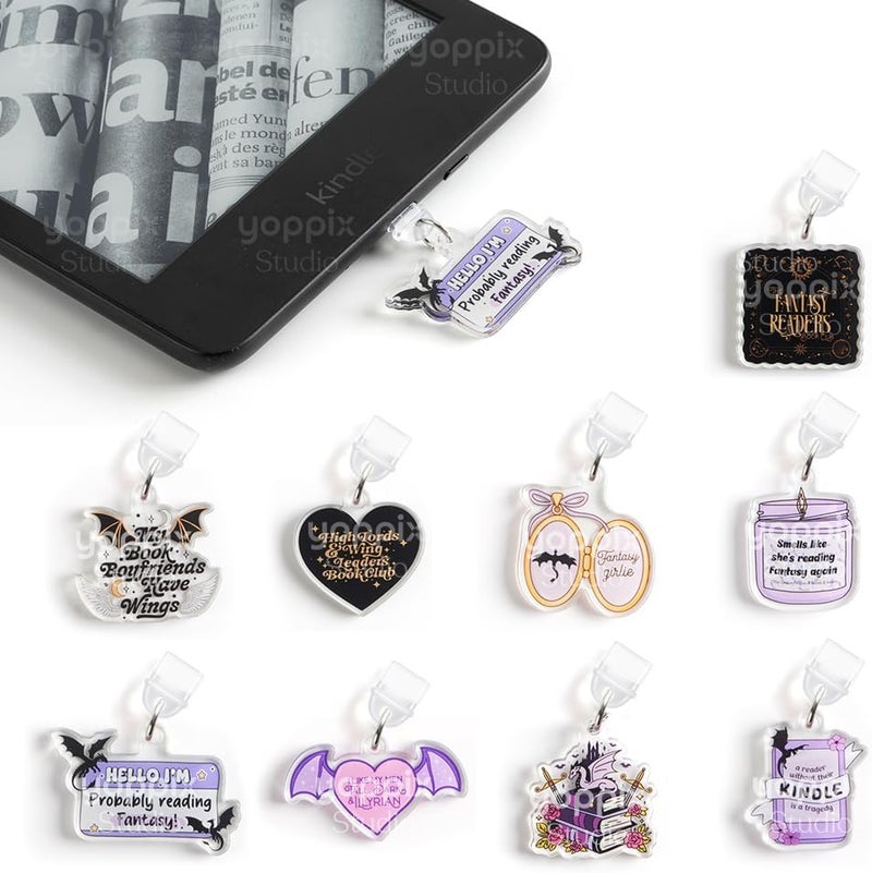 YOPPIX 9PCS Charms for E-Reader, About Fantasy Dragon Theme Dust Plug Charm Compatible with Type C Charging Port, Gift for Book Lover Readers Men Women Teachers Students, Accessories for E-Reader - Image 1